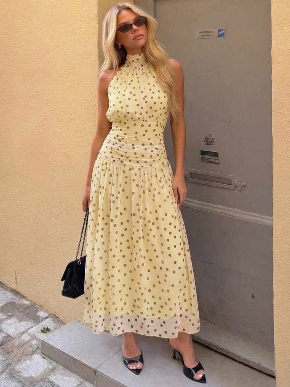 Zara Summer Slim Fit Pleated Boat Neck Polka Dot Draped Sleeveless Maxi Dress